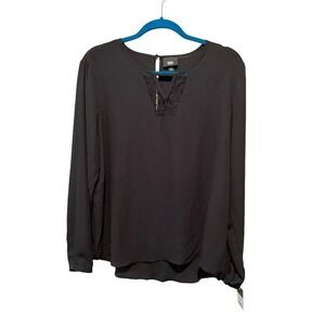 Mossimo Blouse Top Women SZ L Black Long Sleeve Keyhole Neck Pullover Polyester